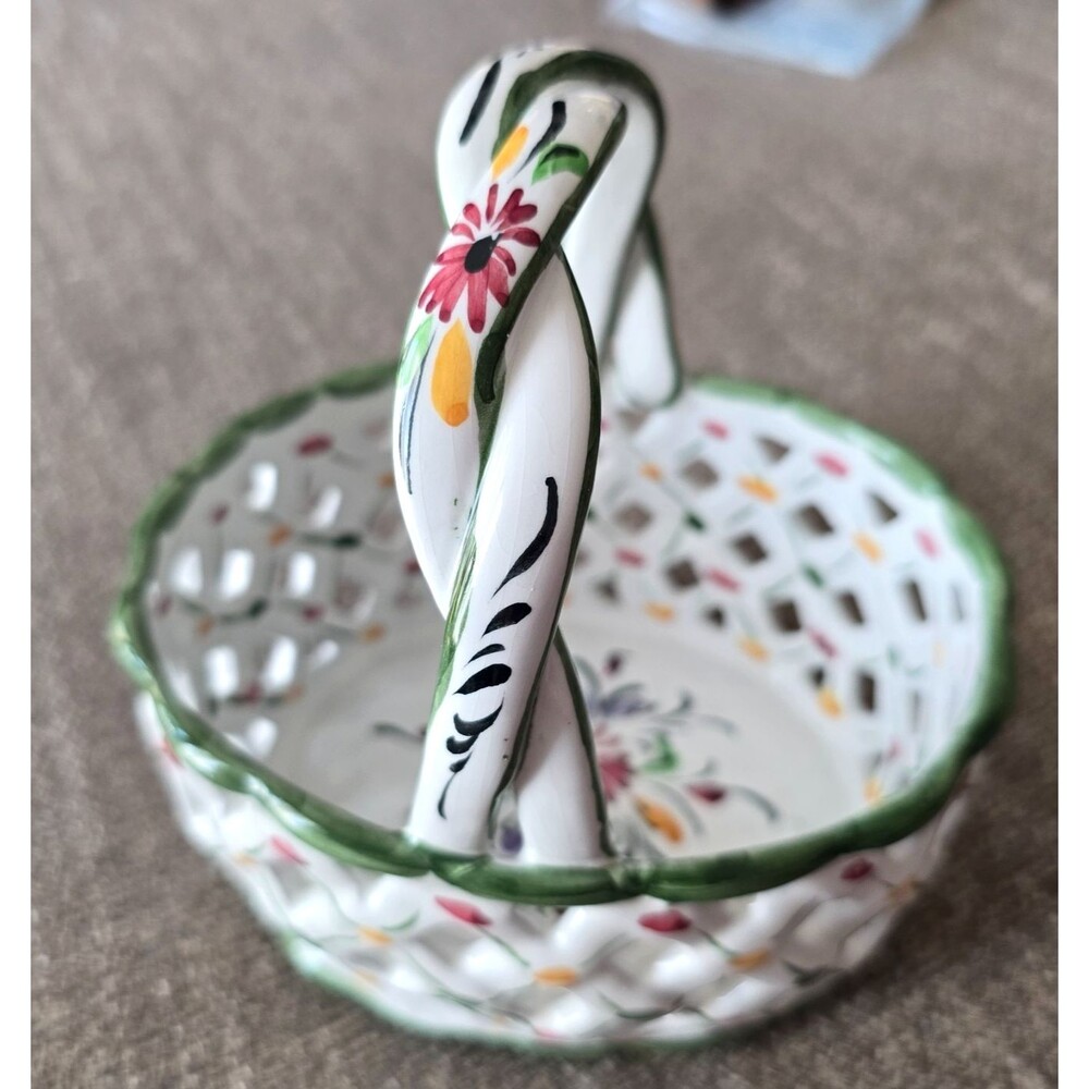 Vintage Hand Painted Floral RCCL Portugal Ceramic Lattice Basket Braid Handle 6”